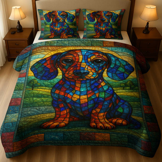 Colorful Artistic Dog Design, Stained Glass Dachshund Quilt Set