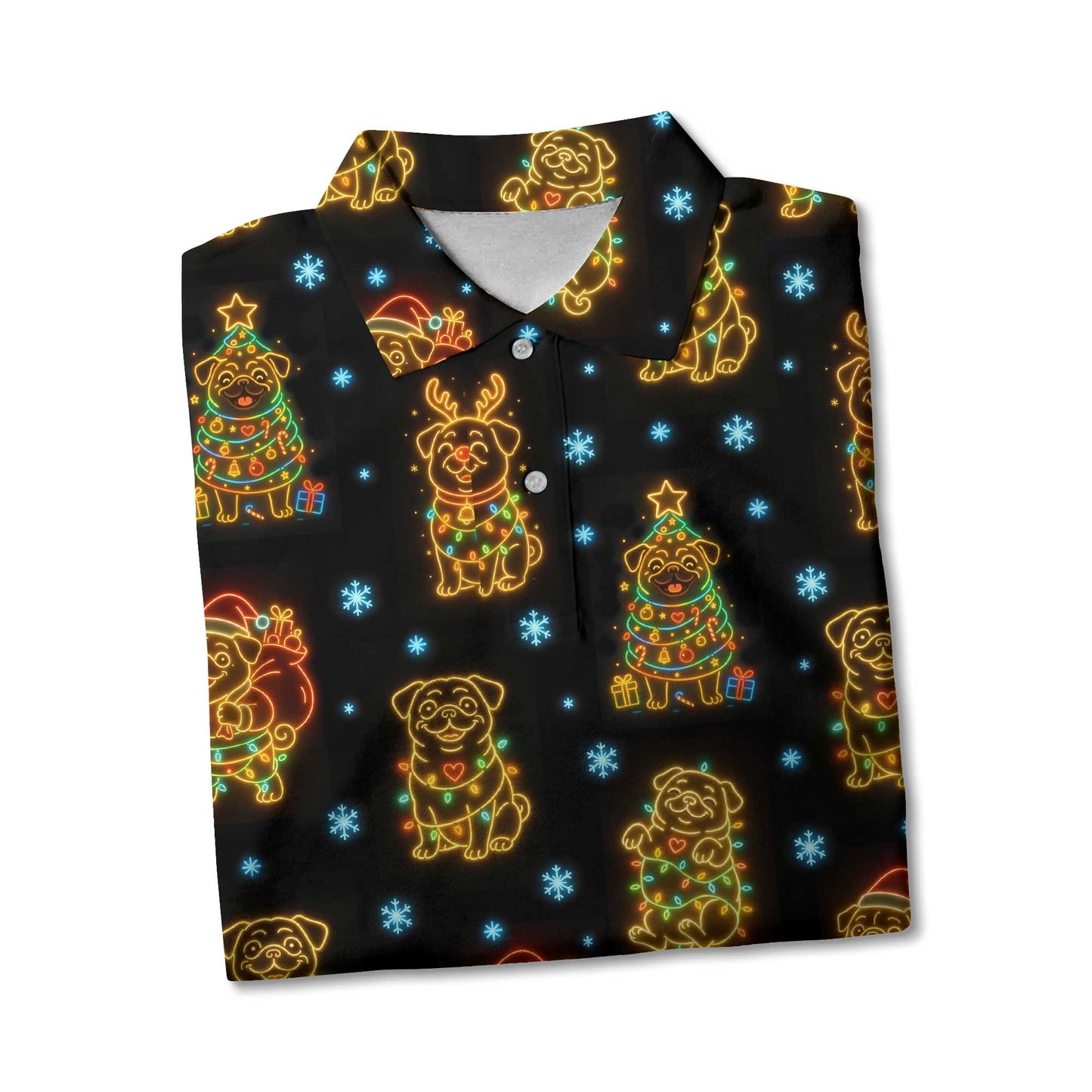 Funny Pug Holiday Lights Festive Xmas Pattern Polo, Christmas Pug Shirt, Corgi T Shirt