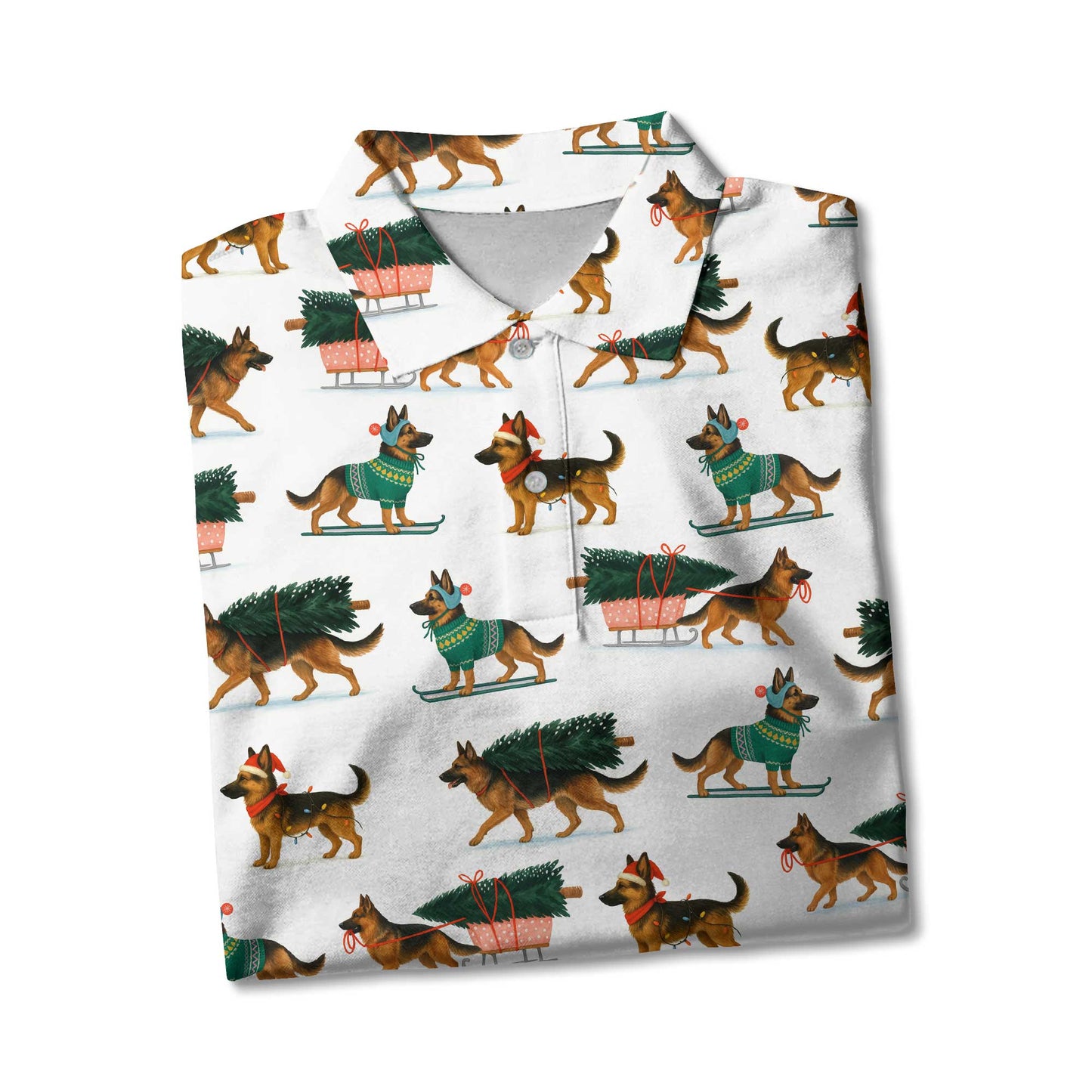 Festive Holiday Shepherd Santa Pattern Polo, Funny German Shepherd Shirt, German Shepherd T Shirt