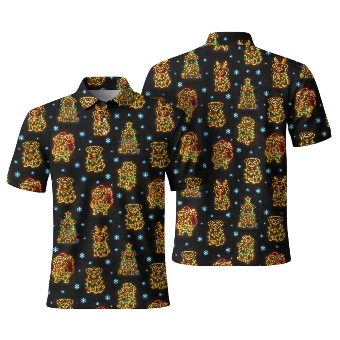 Funny Pug Holiday Lights Festive Xmas Pattern Polo, Christmas Pug Shirt, Corgi T Shirt