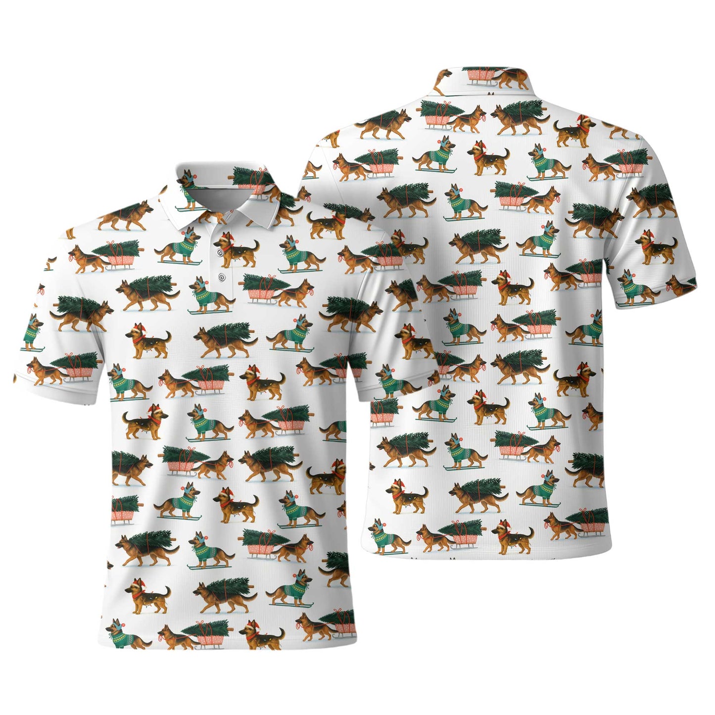 Festive Holiday Shepherd Santa Pattern Polo, Funny German Shepherd Shirt, German Shepherd T Shirt