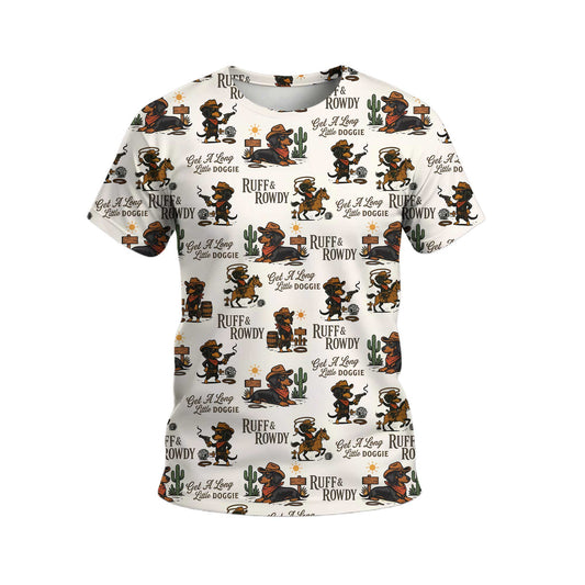 Get A Long Little Doggie Vintage Graphic Top, Western Cowboy Dachshund Pattern Polo, Dachshund T Shirt, Wiener Dog T Shirt
