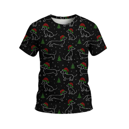 Christmas Lights Sparkling Santa Cute Holiday Pattern, Festive Black Shirt, Dachshund T Shirt, Wiener Dog T Shirt